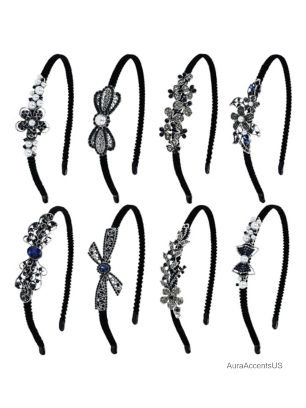 8 Pack Rhinestone Velvet Metal Headbands with Teeth Non Slip Hair Accessories